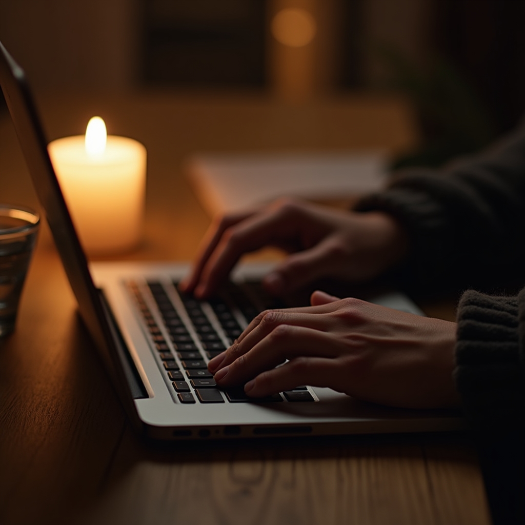 Persoană închizând laptopul seara, lumânare aprinsă pe birou, atmosferă de relaxare