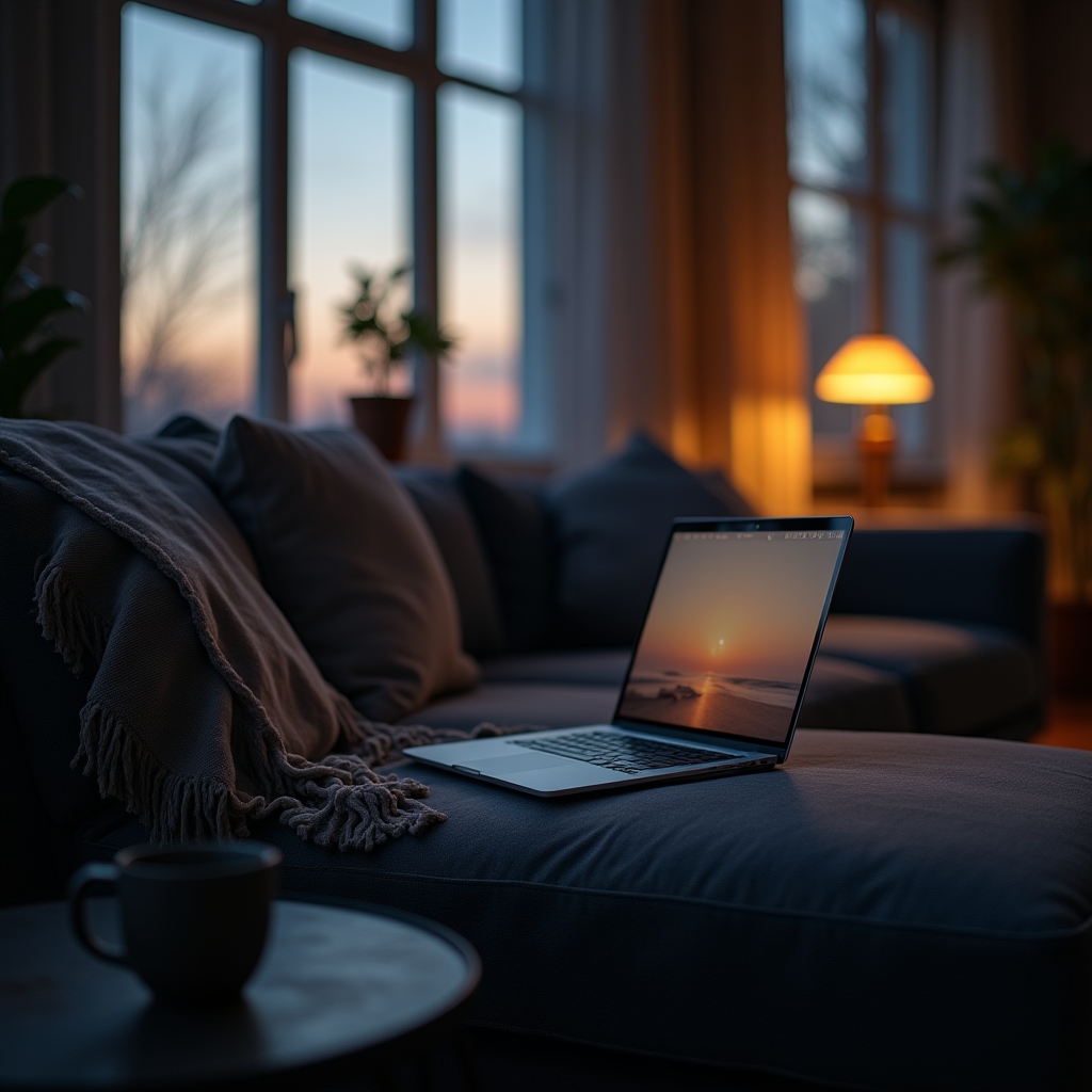 Freelancer lucrând de pe canapea cu laptopul, lumină de seară