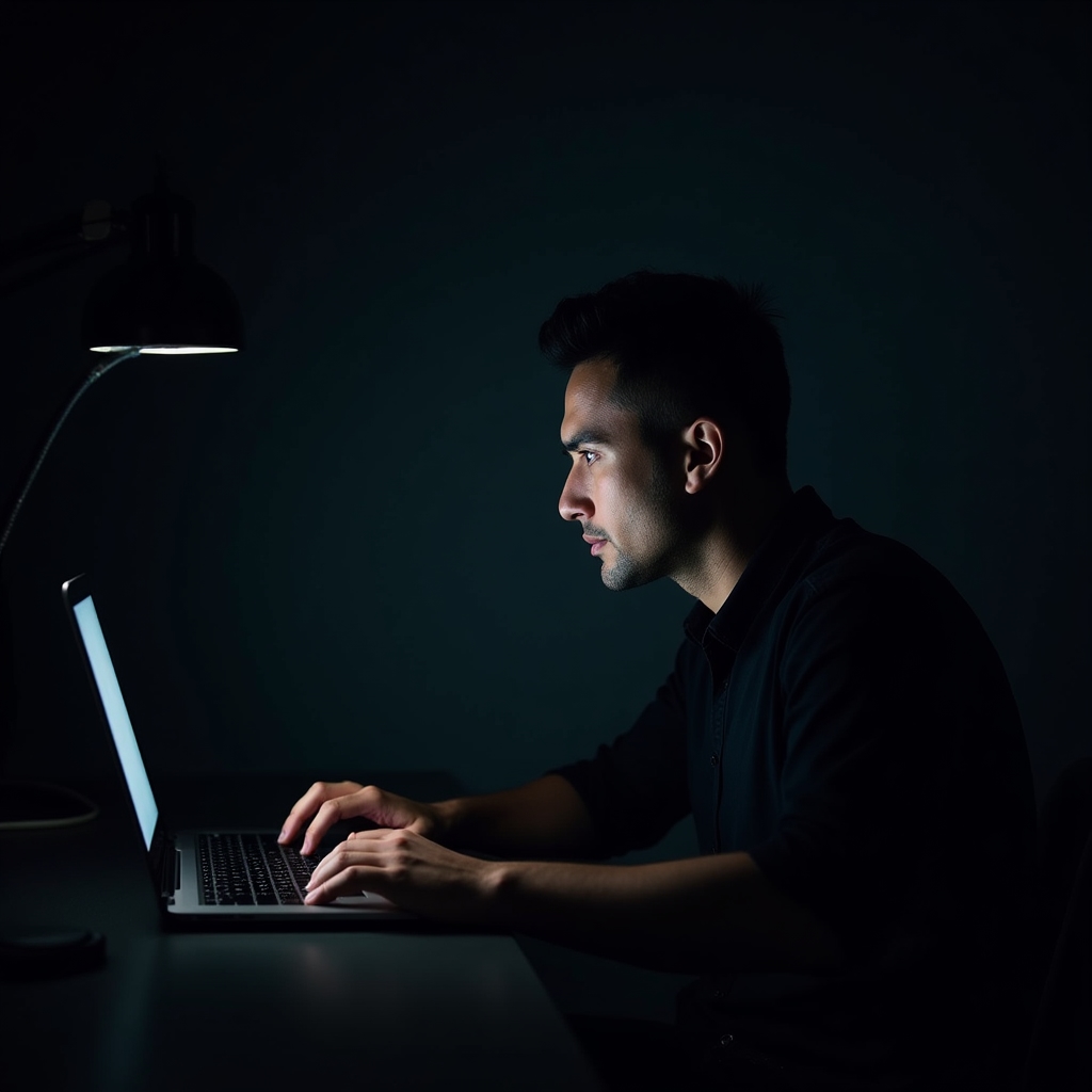 Persoană în stare de concentrare profundă la birou, lumină de birou, fundal întunecat