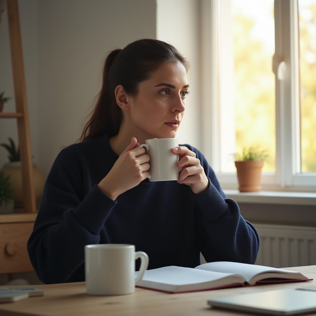 Remote worker la birou improvizat acasă, dimineața devreme, lumină naturală