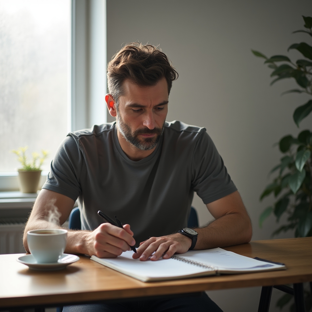 Freelancer construind o rutină de dimineață, cafea și planificare